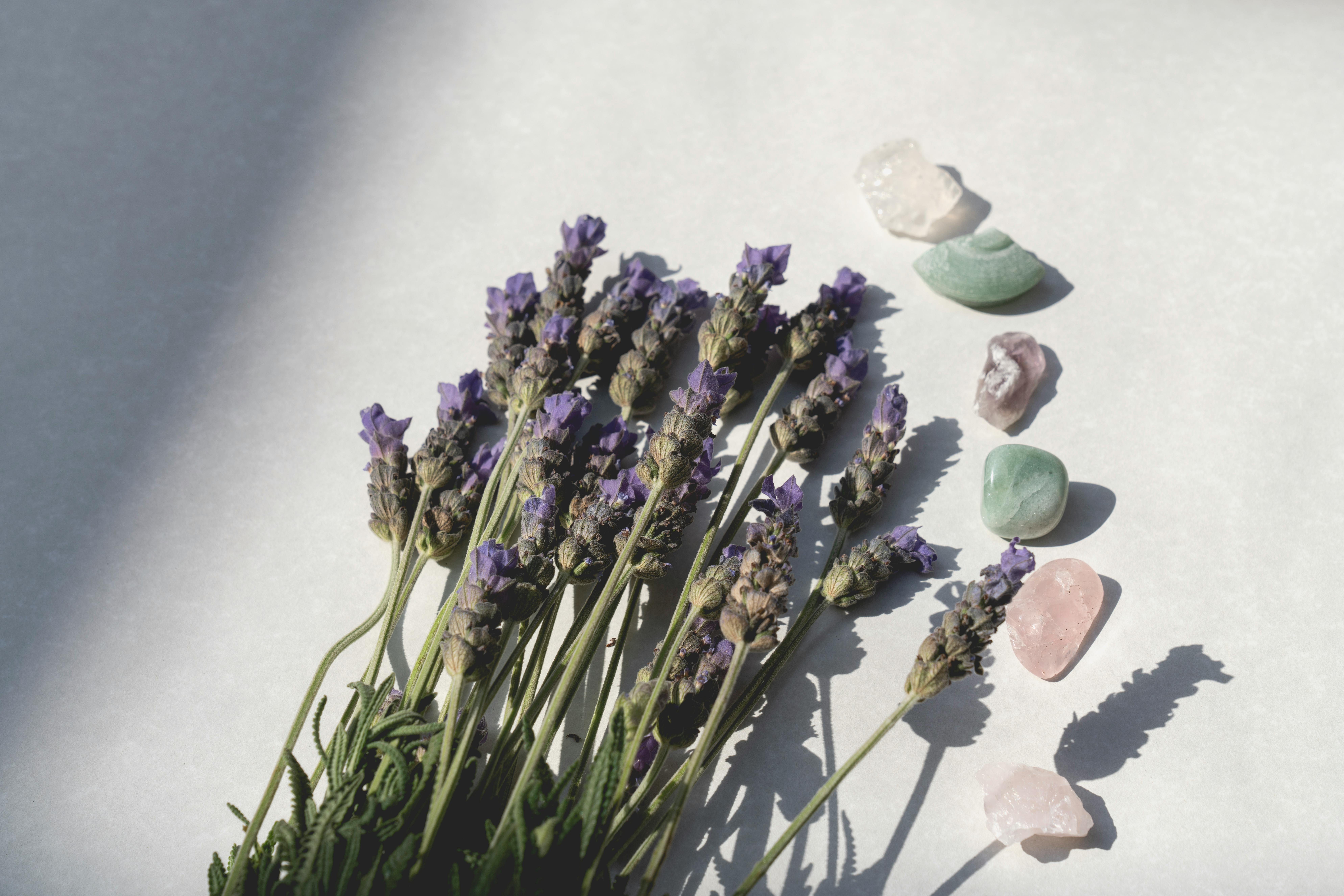 lavender and crystals representing a stress and anxiety free moment